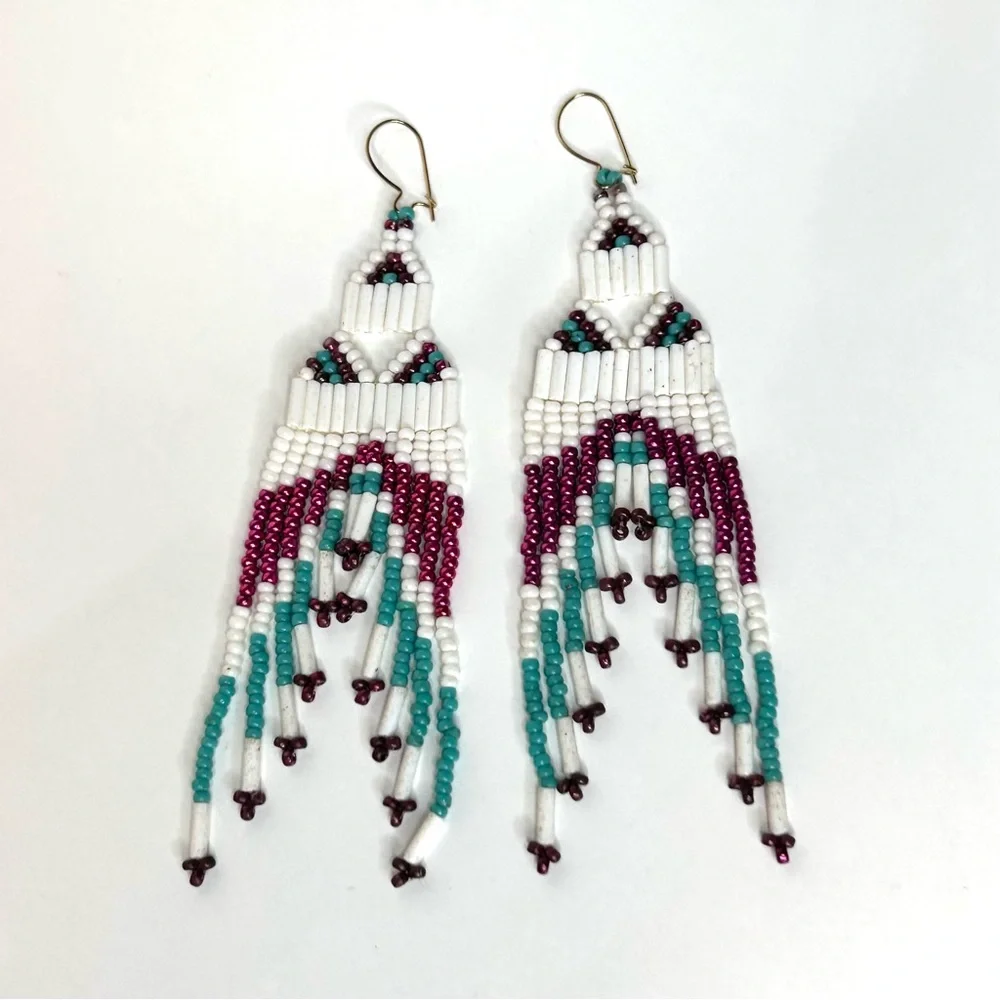 Hand Made 4” Fringe Dangle Beaded Earrings - Picture 2 of 7